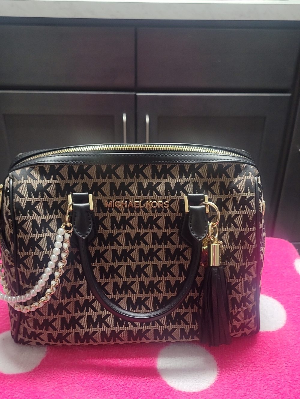 Michael Kors Brown/Black MK Logo Satchel with Tassel and Pearl Strap